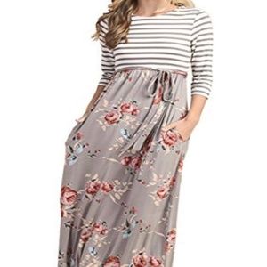 Striped Floral 3/4 Sleeve Maxi Dress Size Small